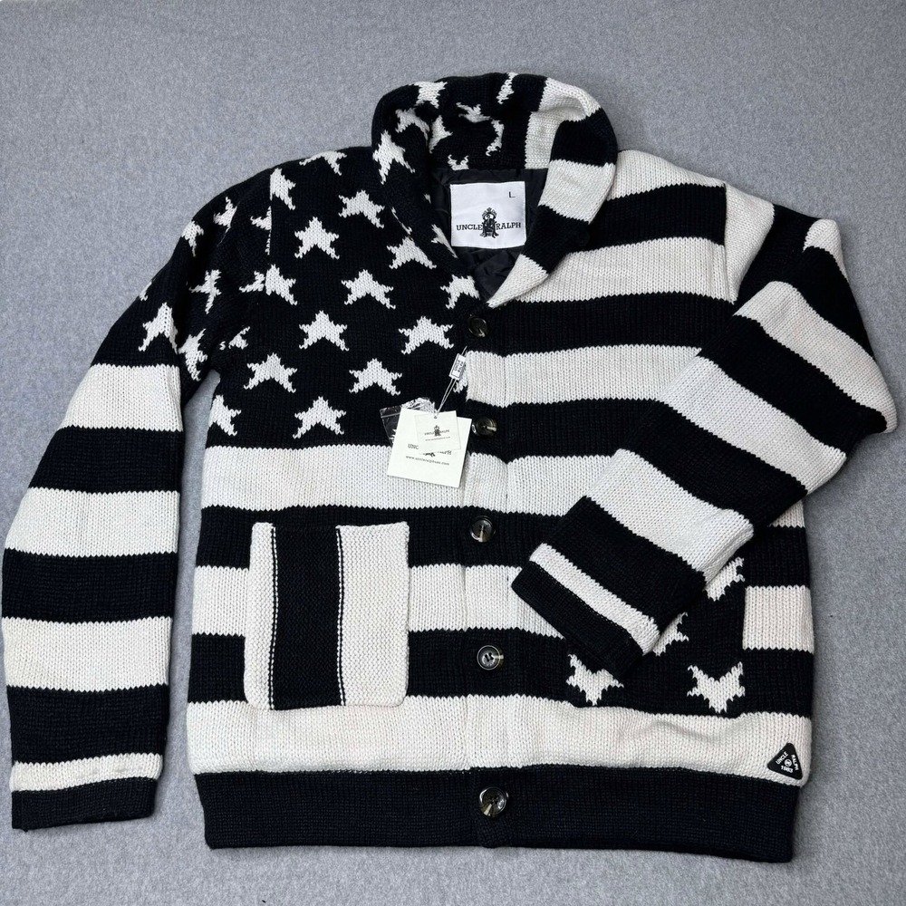 VINTAGE RARE Uncle Ralph UR-801 Men's Button Up Quilted Jacket Allover Flag Sz L
